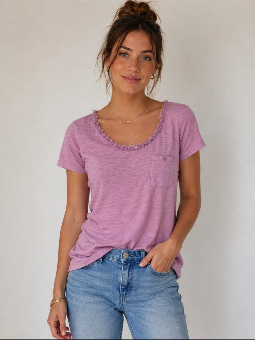 Meadow Rue by Anthropologie Pink/Lilac Fringed Neck Pocket Tee – Size M